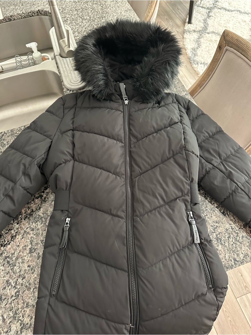 Calvin Klein Black Quilted Hooded Puffer with Faux Fur Trim
